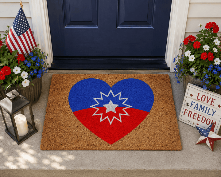 Juneteenth Flag doormat featuring the official Freedom Day flag design with a white star, red and blue colors on a natural coir welcome mat.