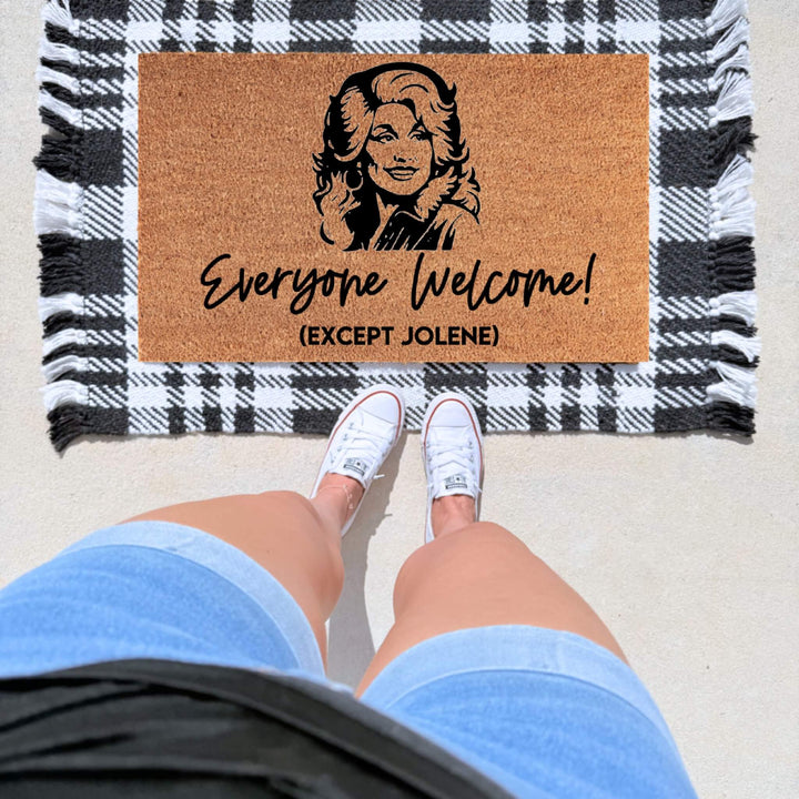Funny Everyone Welcome Except Jolene doormat with country music inspired artwork on a natural coir welcome mat.