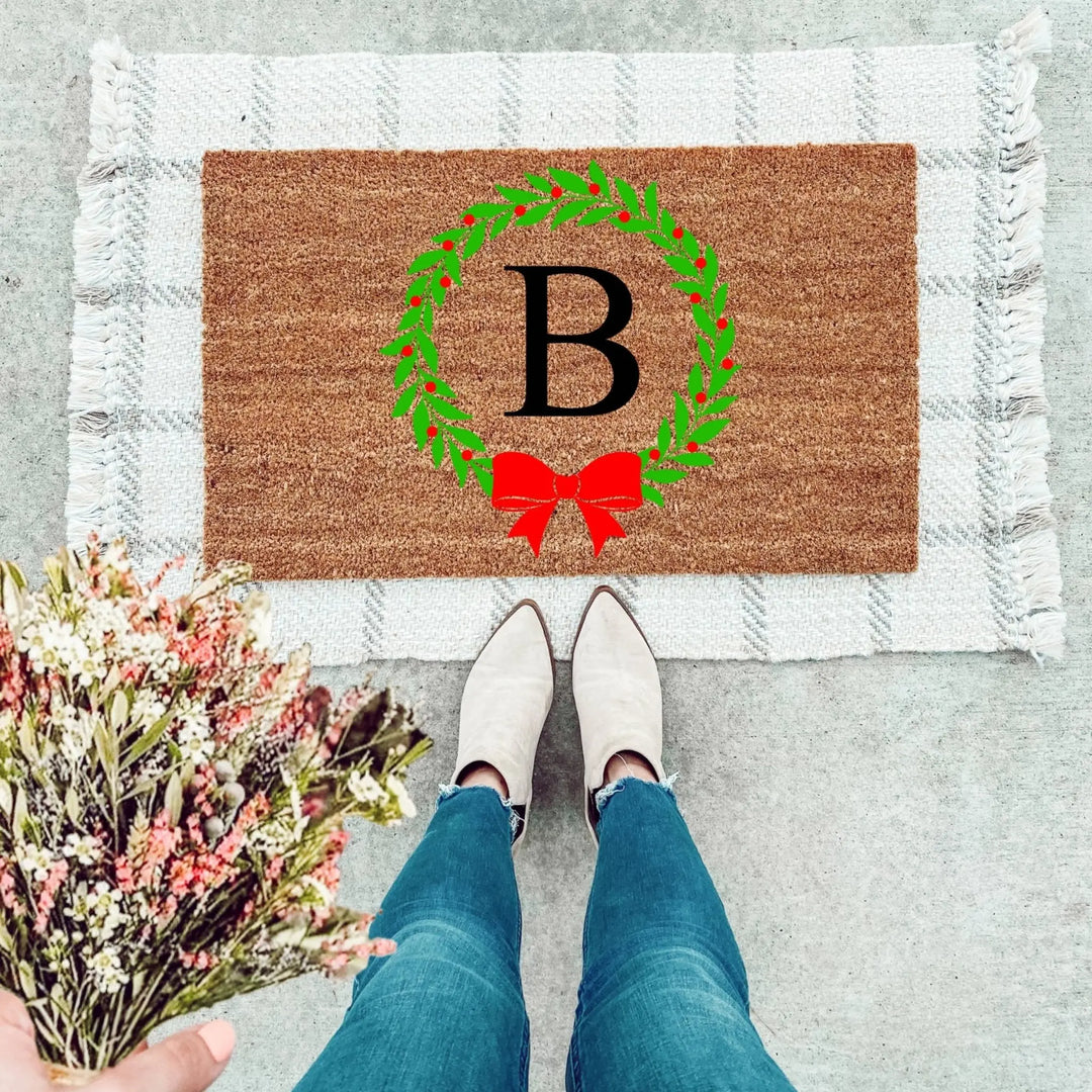 Christmas Wreath Personalized Doormat - The Simply Rustic Barn