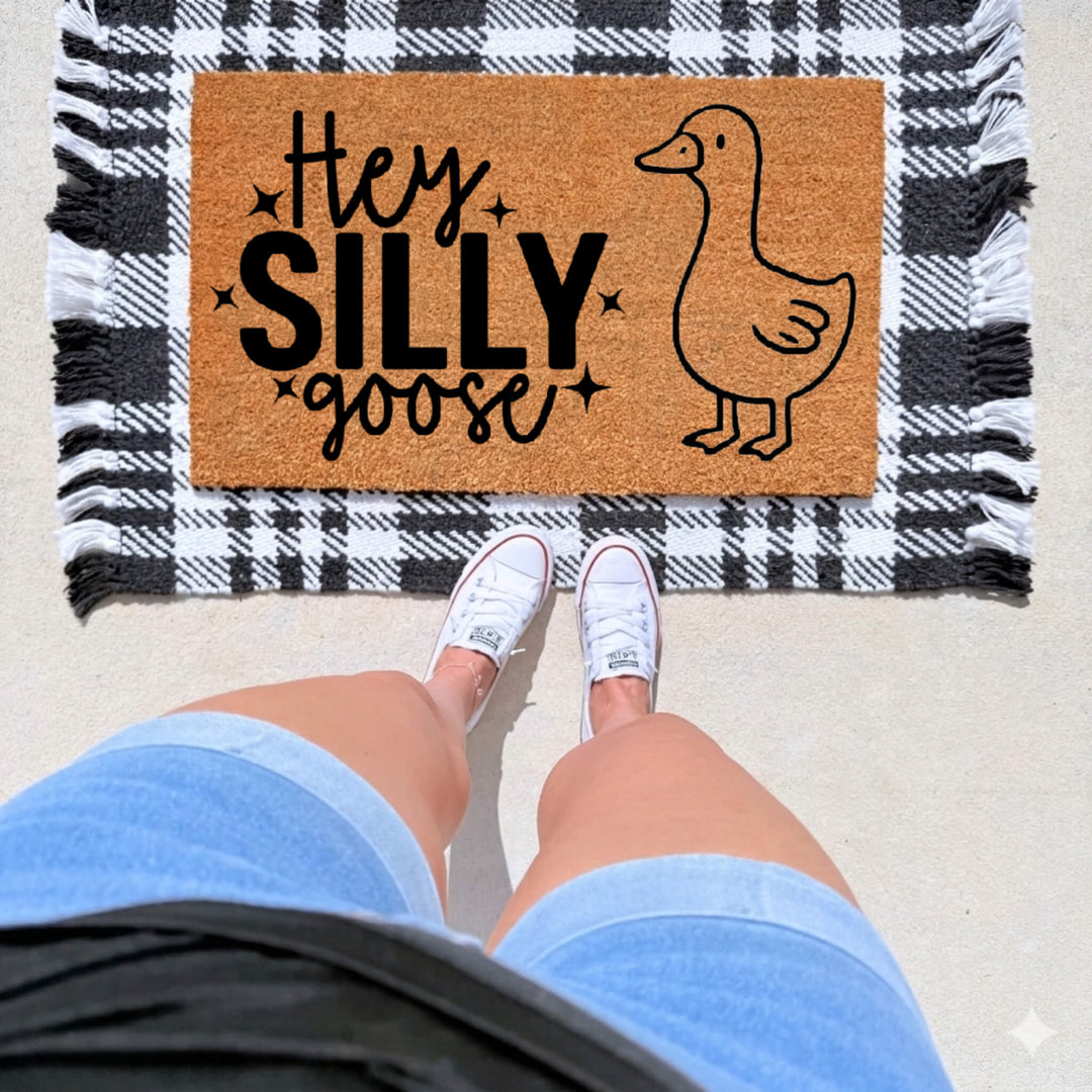 Hey Silly Goose Doormat on front porch with layered rug

