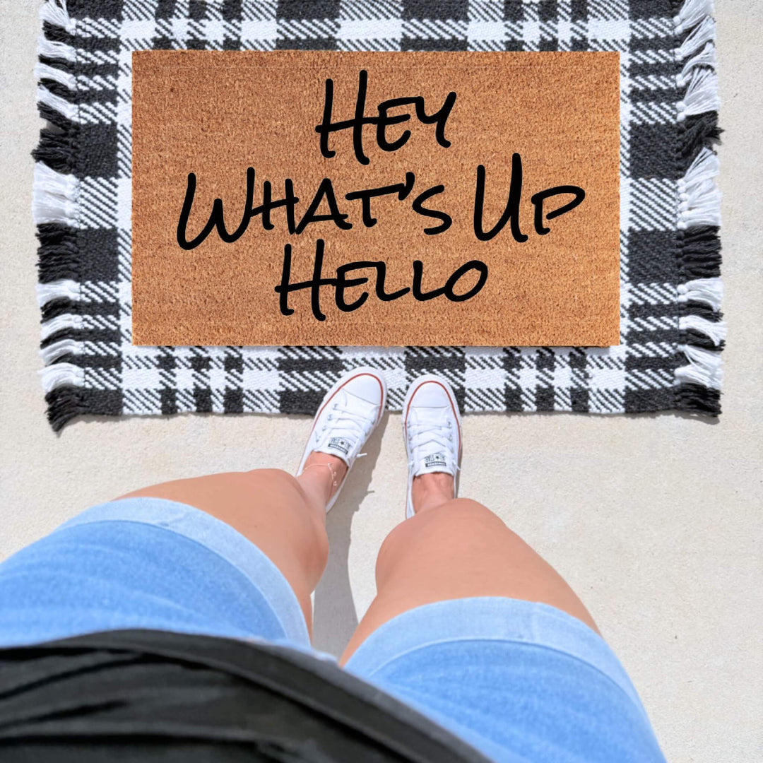 Hey What’s Up Hello doormat inspired by Fetty Wap Trap Queen song, black lettering on natural coir welcome mat.