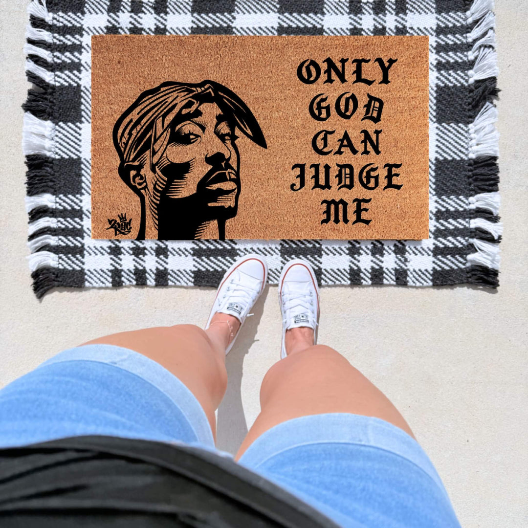 Only God Can Judge Me Tupac inspired doormat featuring bold black portrait artwork on a natural coir welcome mat.
